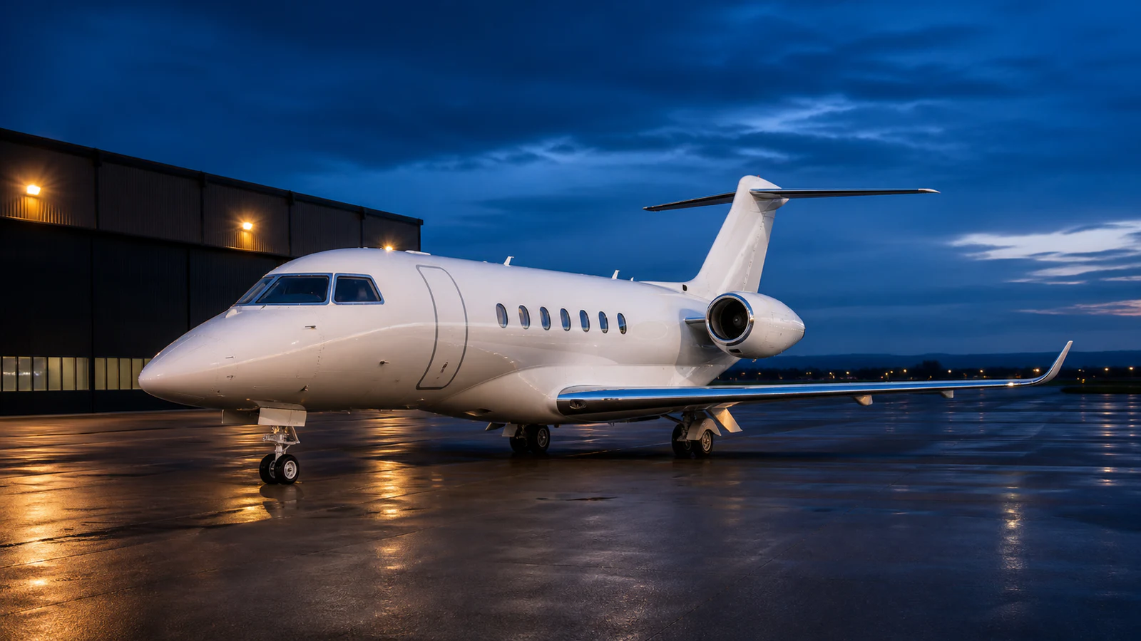 Representative midsize jet on an executive aviation ramp