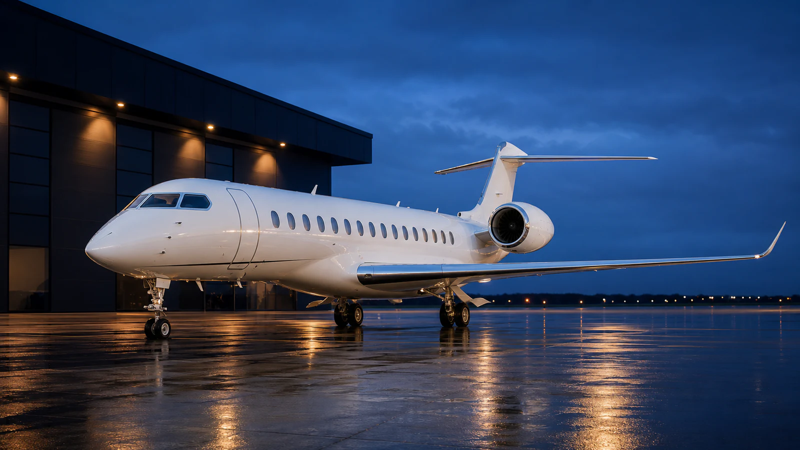 Representative ultra long range jet on an executive aviation ramp