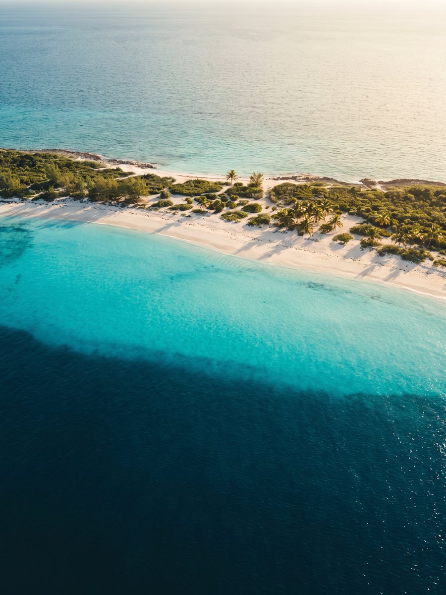 Turquoise water and white sand shoreline in the Bahamas
