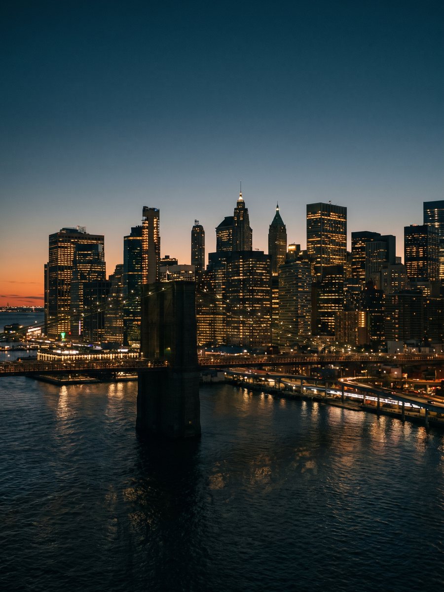 Manhattan skyline at dusk from the air