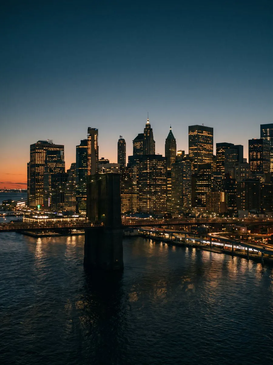 Manhattan skyline at dusk from the air