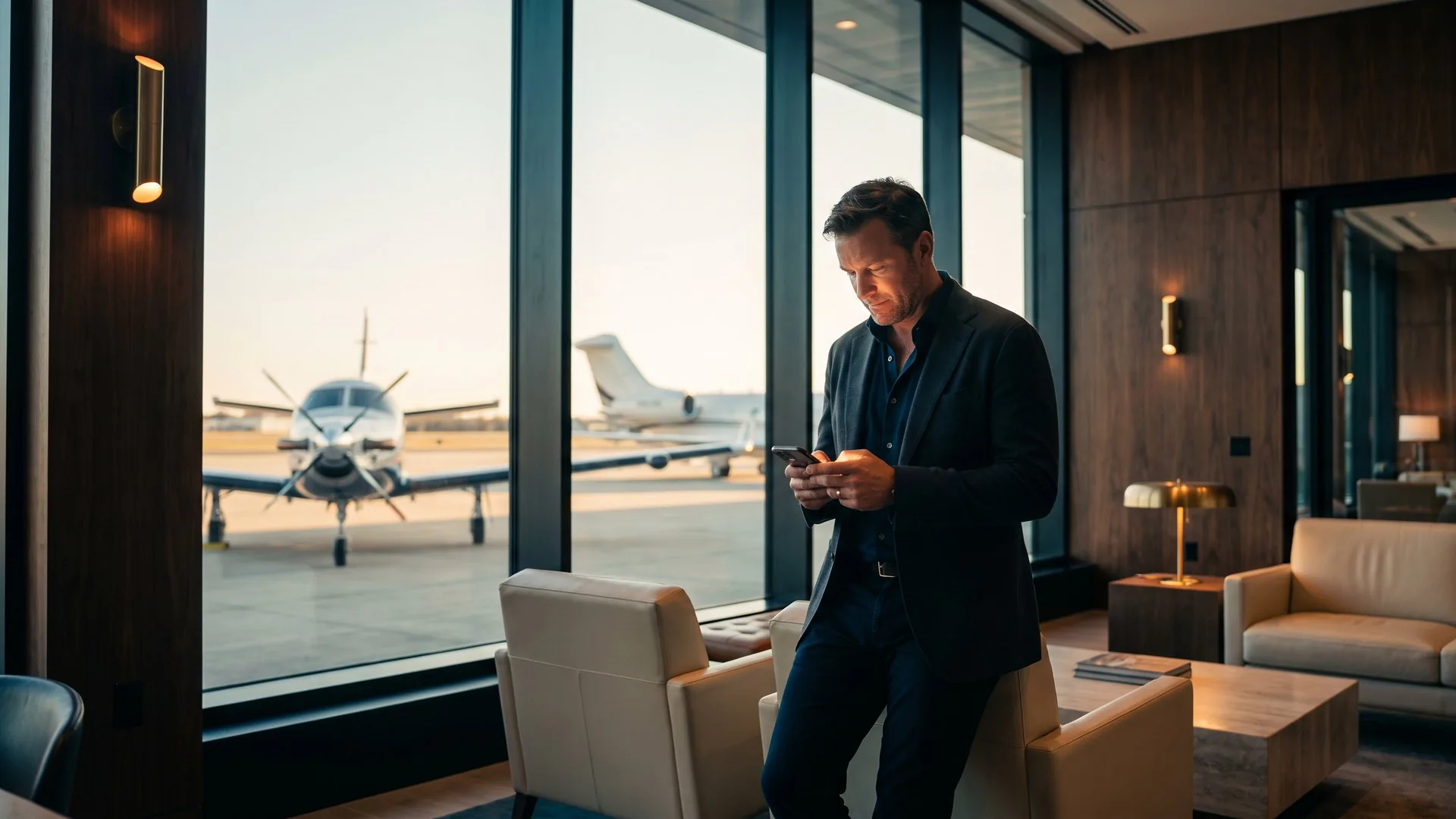 A private aviation client using connected trip technology in an FBO lounge